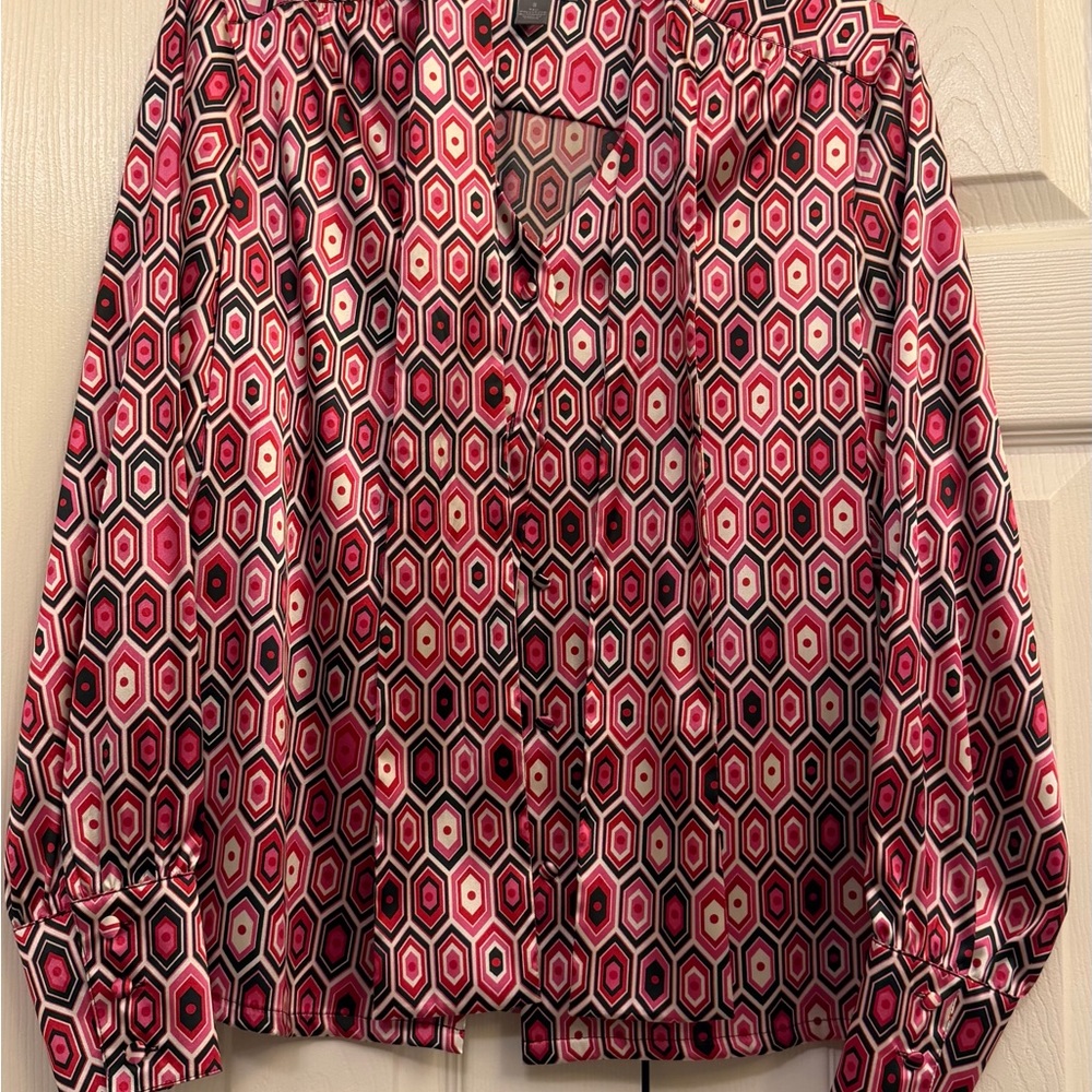 Geometric Print Long-Sleeve Blouse in Pink and Black